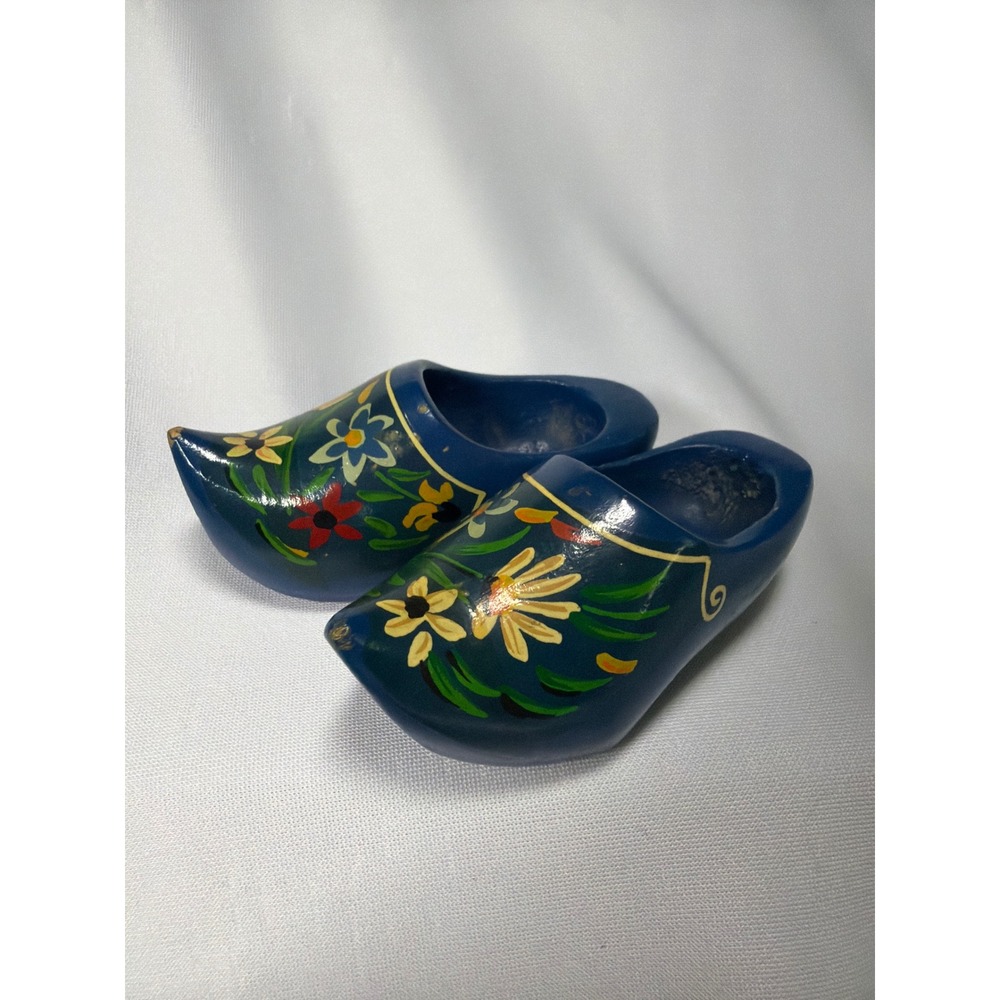 Unbranded Miniature Dutch Clogs Wooden Shoes Blue Floral Souvenir Folk Art 3in